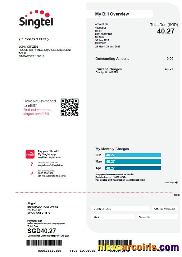 Singapore Singtel utility bill